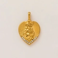 Detail eines 18K Gold Herzanhängers mit Madonnenrelief und weißen Kristallsteinen - Herz Porträt Heiligenschein Anhänger