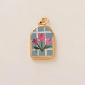 Detailed view of arch pendant with pink tulips on blue checkered pattern and gold trim - Arch Tulip Gingham (MQNK251422O-1)