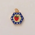 Hexagonal strawberry charm with blue polka dot border and golden metal frame - Strawberry Hexagon Charm (5小花)