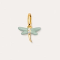 Detailed close-up of a gold dragonfly pendant with mint green enamel and crystal accents - Butterfly