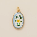 Golden oval flower pendant with white enamel inlay and delicate hand-painted floral motifs - Gardenia Pendant