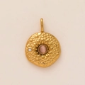 Golden round pendant with pink gemstone and white zircon in vintage bohemian style - Gold Disc