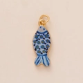 Close-up of blue fish pendant with floral enamel details and gold-plated rings - No.1 Small Fish Pendant