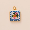 Gold plated square pendant with painted yellow lemon and green leaves on a blue background - Green Small Flower Pendant