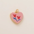 Close-up of heart-shaped gold-plated pendant with pink base and red tulip flower patterns - Tulip Heart Charm (15小花)
