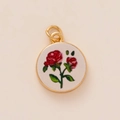 18K gold-plated round pendant with embroidered red rose and green leaves design - No.1 Small Red Flower Pendant