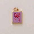 Square 18k gold titanium pendant with purple enamel and red bow for DIY necklace - Purple Bow Rectangular Charm (17小花)