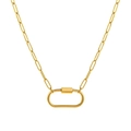 Detail of golden paperclip chain necklace with minimalist oval carabiner lock pendant - Paperclip Carabiner Necklace (MQNK251422O)