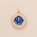 Gold-plated round pendant featuring blue painted sea shell design for DIY jewelry - Blue Shell Pendant