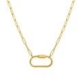 Golden paperclip chain necklace with a modern oval carabiner clasp charm on white background - Gold Paperclip Chain With Large Oval Carabiner
