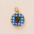 18K gold plated strawberry pendant with blue gingham pattern and sparkling detail - Blue Plaid Strawberry Pendant