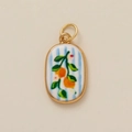 Detail of blue striped oval pendant with orange branch enamel design and gold edges - Orange Pendant