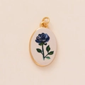 Oval gold pendant with blue rose floral pattern on a white background for jewelry DIY - Small Blue Flower Pendant