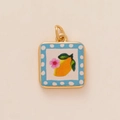 Gold-plated square pendant featuring blue polka dots with lemon and flower design - 43 Small Yellow Pendant