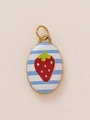 Golden oval pendant with blue stripes and red strawberry charm in enamel finish - Oval Stripe Strawberry Pendant (Single-Sided Print) / Blue White Stripe Strawberry