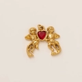 Golden cupid angels pendant with red heart center and vintage textured wings - Heart Little Angel