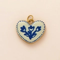 Exquisite gold heart pendant with blue floral enamel inlay and double ring connector - Yellow Heart Pendant