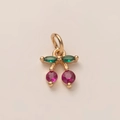 Macro shot of 14K gold-plated cherry pendant with pink crystal fruits and green marquise leaves - Pink Cherry Pendant Only (Without Chain) (33)