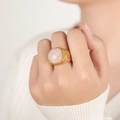 Retro titanium steel ring with pink natural stone and woven texture design - US 6 / Natural Rose Quartz Gold Color (A620)