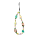 Detail of colorful beaded phone strap with pink heart, smiley flower and bear toast charms - Mickey Egg And Bread Style