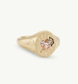 Macro detail of Cupid heart ring featuring gold bow engravings and matte metal texture - Angel Cupid / Gold