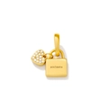 Detailed view of gold soulmate padlock pendant and pavé heart charm with sparkling zircons - Soulmate Lock Pendant