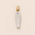 Detailed view of fish-shaped white enamel pendant with gold plating and scale texture - Little Fish (9) / White