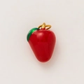 Macro detail of red strawberry pendant charm with 18K gold plated ring and green leaf - Apple Pendant