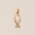 Detailed view of fish-shaped gold pendant with white pearl enamel and zircon inlay - White Fish