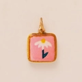 Gold-plated square enamel pendant featuring a white flower on a pink background - Pink Square Flower Pendant