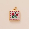 Gold-plated square pendant featuring red roses, green leaves, and a red polka dot border - Flower Pendant