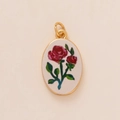 Gold-plated oval pendant featuring hand-painted red rose and green leaves design - Small Red Flower Pendant (2)