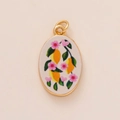 Gold-plated oval pendant featuring white glitter, lemon, and floral design with dual rings - Small Yellow Flower Pendant