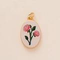 Oval gold plated floral pendant with pink rose enamel art and double golden rings - Lotus Pendant