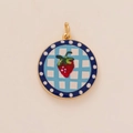 Gold-plated strawberry enamel charm with blue gingham pattern and polka dot border - Strawberry Pendant (2)