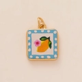 Golden square Mediterranean lemon enamel charm with blue polka dots and floral detail - Small Yellow Pendant
