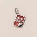 Detail of red enamel rectangular pendant with FANCY lettering and folded corner design - Tomato Sauce