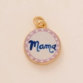 Golden pendant with white enamel surface, pink polka dots and blue Mama lettering - Mama Script Pendant