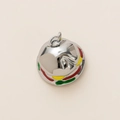 Detailed close-up of a stainless steel burger pendant with colorful enamel accents - Hamburger