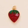 Gold-plated strawberry pendant with red enamel, pink dots and small floral detail - Strawberry Flower Style / Gold
