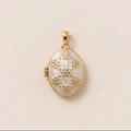 Pendentif médaillon ovale doré avec émail blanc et neuf gravures florales dorées - Pendentif Flocon de Neige (5)