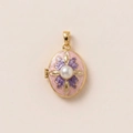 Pendentif médaillon ovale en or avec émail rose, fleur violette et détail perle - Fleur Violette Perle Artificielle Blanche (6)