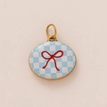 Detail of 18K gold-plated oval pendant featuring blue checkered pattern and red bow - Light Blue Bow Charm Only (Without Chain)