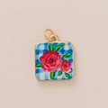 Detail of 18K gold plated stainless steel square pendant with blue plaid and red roses - No.28 Pink Rose Pendant