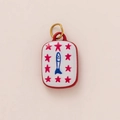 Close-up of a rectangular 18K gold plated pendant with a blue fish and pink stars - No.2 Star Fish Square Tag