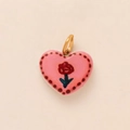 Detail of a pink heart pendant with red rose pattern and gold ring clasp accessory - No.9 Pink Heart Rose Pendant Only (Without Chain) / Gold