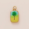 Detailed macro view of 18K gold plated rectangular pendant with green tree landscape - No.4 Big Tree