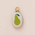 Detail of oval stainless steel pendant with white enamel and green pear pattern - White Pear Pendant