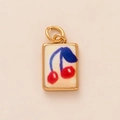 Golden rectangular cherry print pendant with blue leaves on cream background - No.8 Cherry Pendant Only (Without Chain) / Gold