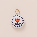 Round 18K gold-plated stainless steel pendant with tulip flower design and blue dots - Oval Blue Spotted Rose